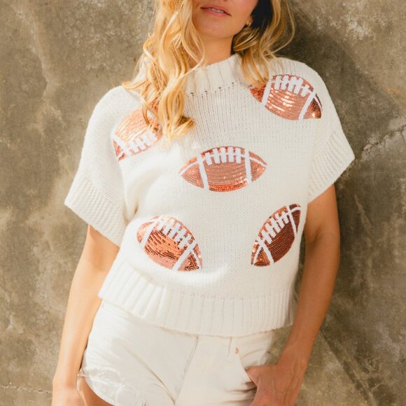 BIBI Football Sequin Knit Sweater White Short Sleeve Tailgate Game Day Top - Picture 8 of 11